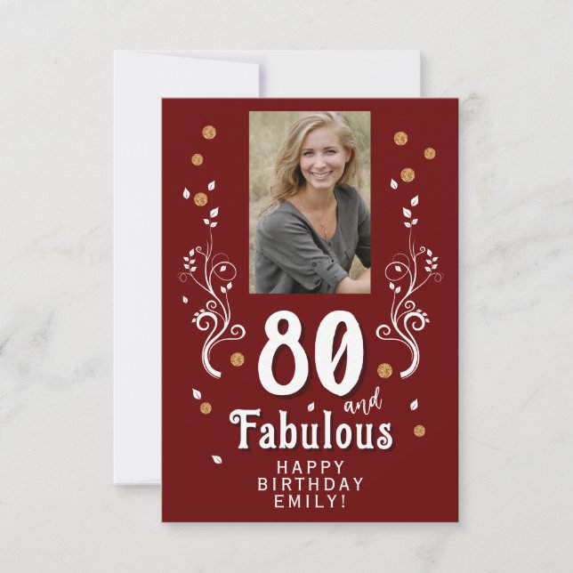 80 and Fabulous Foliage Red 80th Birthday Photo Karte (Vorderseite)