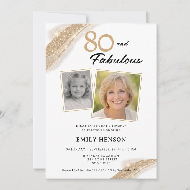 80 and Fabulous Gold 2 Photo Birthday Einladung (Vorderseite)