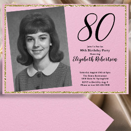 80. Benutzerdefiniertes Foto in Rosa und Gold Einladung