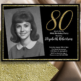 80. Benutzerdefiniertes Foto in Schwarz und Gold Einladung