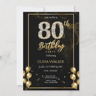 80. Diamond Black and Gold Geburtstag Einladung