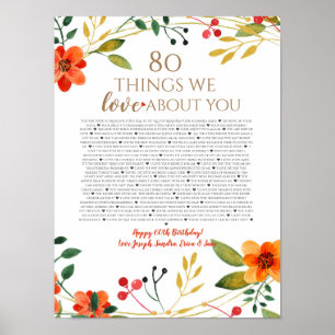80 Dinge, die wir an dir lieben orange Blumen Poster