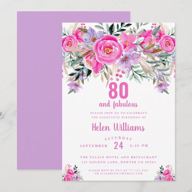 80 et fabuleuse invitation rose 80e anniversaire (Devant / Derrière)