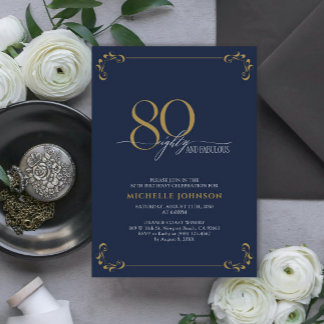80 & Fabulous Blue & Gold Calligraphie Geburtstag Einladung