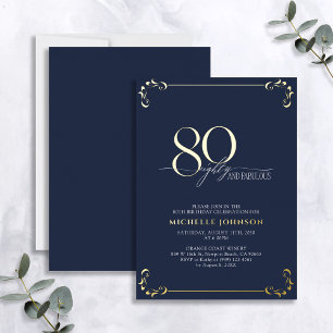 80 & Fabulous Blue & Gold Calligraphie Geburtstag Folieneinladung