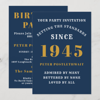 80. Geburtstag 1945 Blue Gold Personalisiert für i Einladung