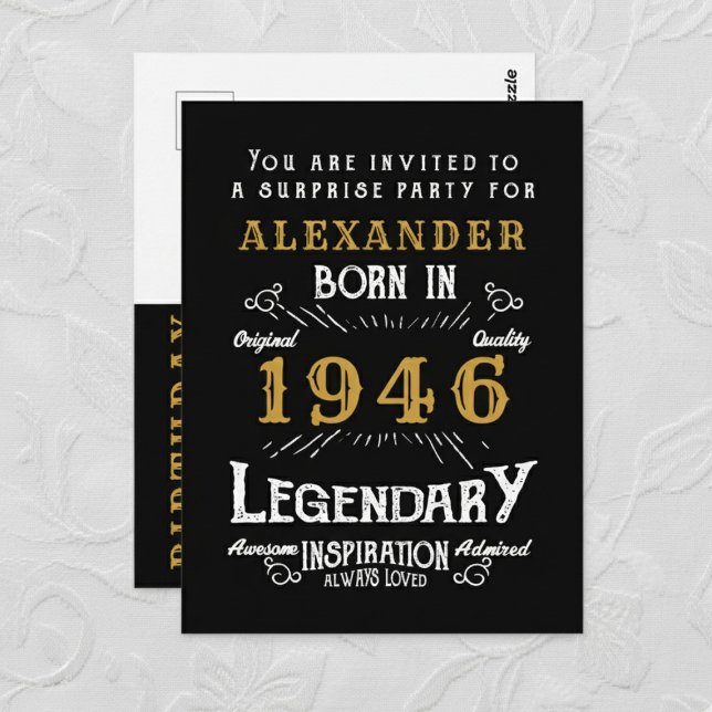 80. Geburtstag 1946 Schwarze Gold Legende Einladun Postkarte (1946 birthday invitation postcard. Background white lace.)