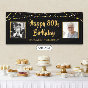 80. Geburtstag 2 Foto Schwarz Gold Lichter Banner