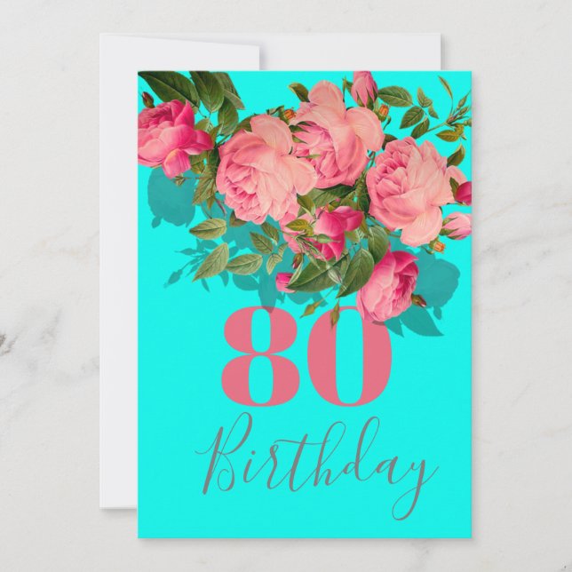 80. Geburtstag Achtzigeth Blue Pink Rose Elegant Einladung (Vorderseite)