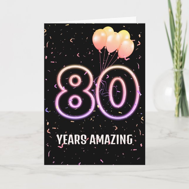 80. Geburtstag Balloons und Confetti Karte (Vorderseite)