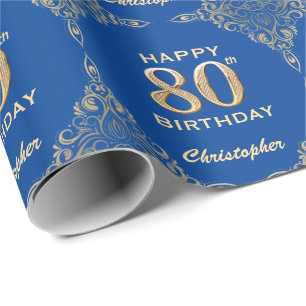 80. Geburtstag Blue and Gold Glitzer Frame Geschenkpapier