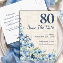 80. Geburtstag Blue Botanical Linen Save the Date