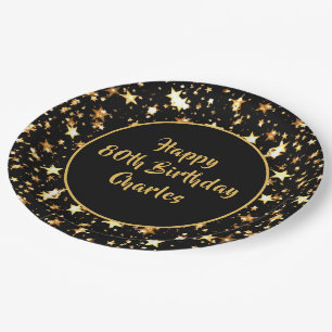 80. Geburtstag Brush Script Gold Stars Custom Blac Pappteller