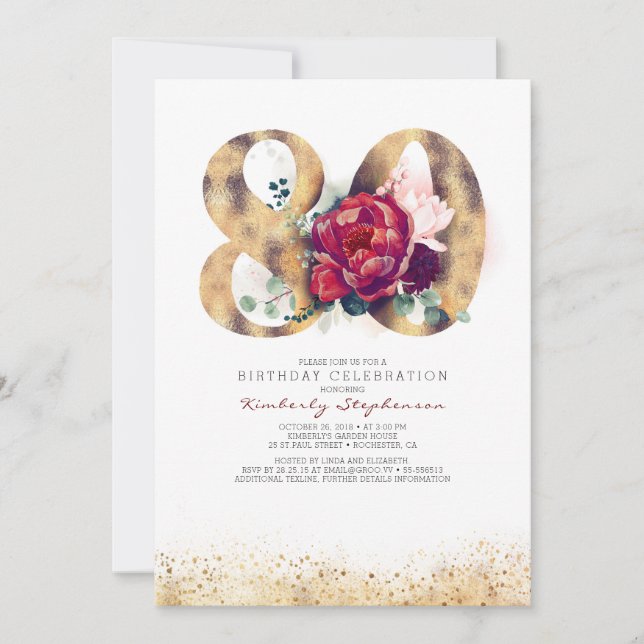 80. Geburtstag Burgund Gold Floral Einladung (Vorderseite)
