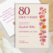 80. Geburtstag Burgunder-Wildblumen Save-the-Date