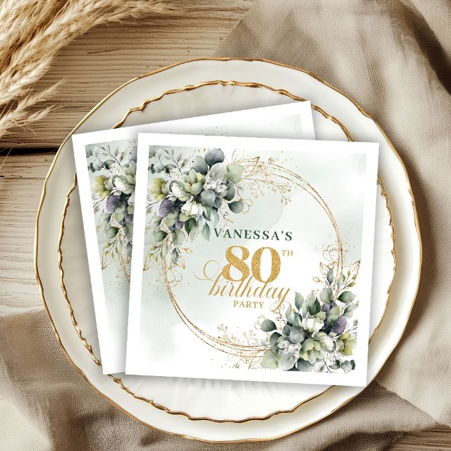 80. Geburtstag Dusty Green Boho Eukalyptus Serviet Serviette (Elegant Dusty Green Gold Eucalyptus 80th Birthday Napkins)
