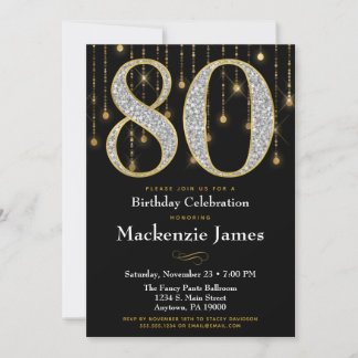 80. Geburtstag Einladung Black Gold Diamonds Adult