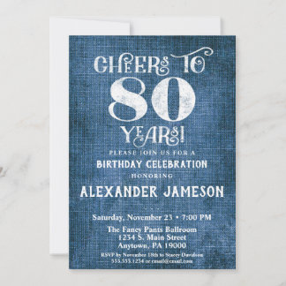 80. Geburtstag Einladung Blue Linen Rustikale Gefa