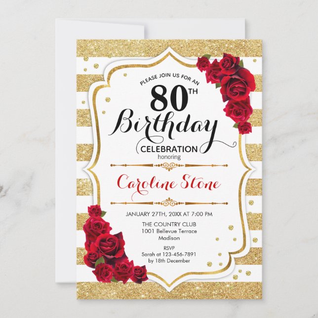 80. Geburtstag Einladung Gold Weiße Streifen Rose (Vorderseite)