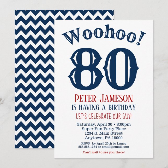 80. Geburtstag Einladung Mens Navy Blue (Vorne/Hinten)