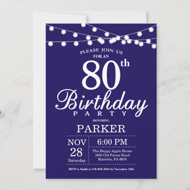 80. Geburtstag Einladung Navy Blue (Vorderseite)