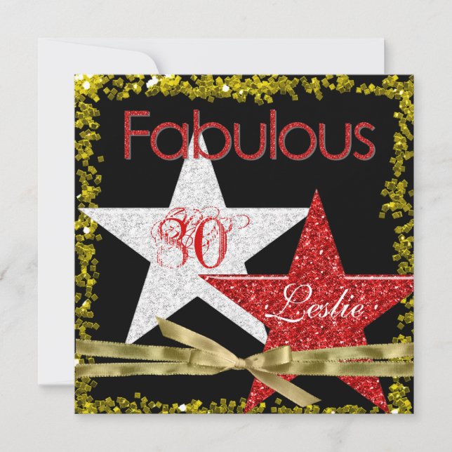 80. Geburtstag Einladung RED GLITZER STARS (Vorderseite)