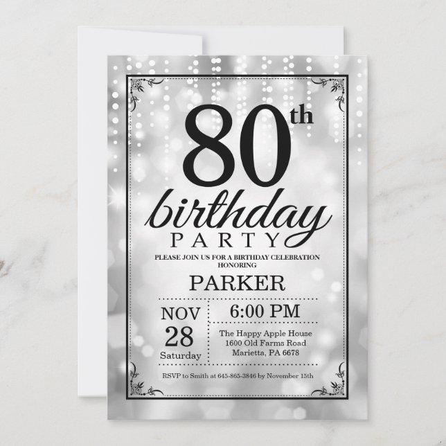 80. Geburtstag Einladung Silberner Glitzer (Vorderseite)