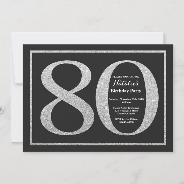 80. Geburtstag Einladung Silver Glitzer Chalkboard (Vorderseite)