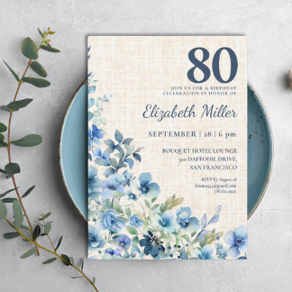 80. Geburtstag Elegant Blaue Botanische Leinen-Par Einladung