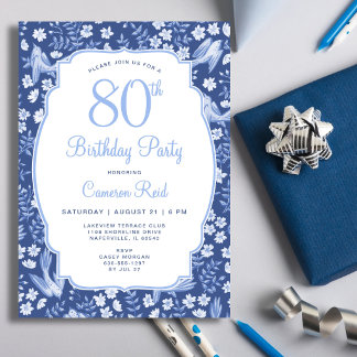 80. Geburtstag Elegantes Blau Florales Weibliches  Einladung