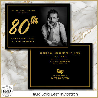 80. Geburtstag Elegantes Foto Black Gold Einladung