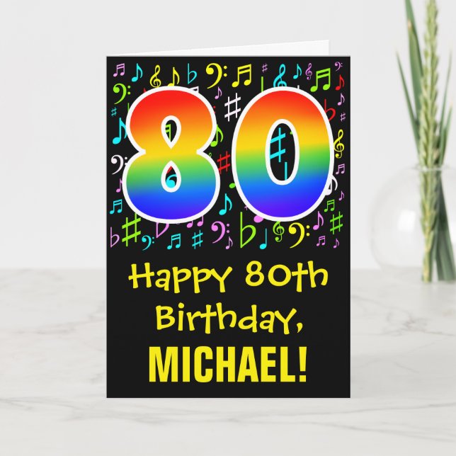 80. Geburtstag: Farbige Musiksymbole + Regenbogen  Karte (Vorderseite)