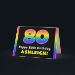 80. Geburtstag: Farbiger Regenbogen # 80, Individu Karte<br><div class="desc">Dieses lustige und lebendige Geburtstagskartendesign besticht durch die Zahl "80", die ein lebendiges Regenbogenspektrum inspiriert Farbverlaufsmuster aufweist, sowie die Meldung "Happy 80th Birthday" und einen editierbaren Empfängernamen. Im Inneren befindet sich eine benutzerdefinierte Geburtstagsgrüßbotschaft, oder man könnte sie löschen und leer verlassen werden, wenn eine Nachricht von Hand geschrieben werden soll....</div>