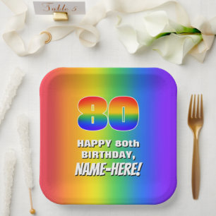 80. Geburtstag: Farbiges, lustiges Regenbogenmuste Pappteller