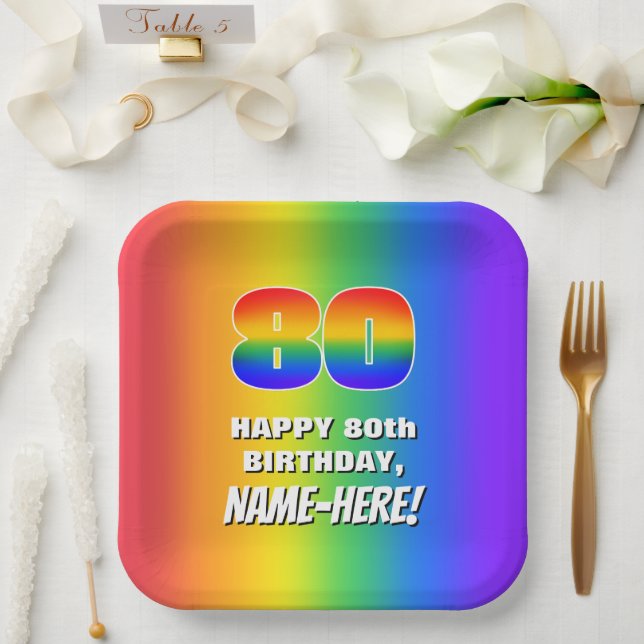 80. Geburtstag: Farbiges, lustiges Regenbogenmuste Pappteller (Hochzeit)