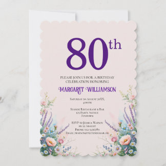 80. Geburtstag Florales Rosa und Lila Einladung