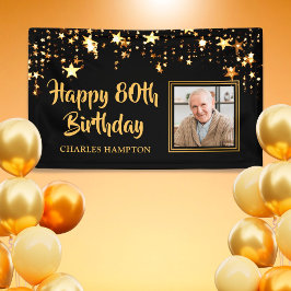 80. Geburtstag Foto Black Gold Stars Personalisier Banner