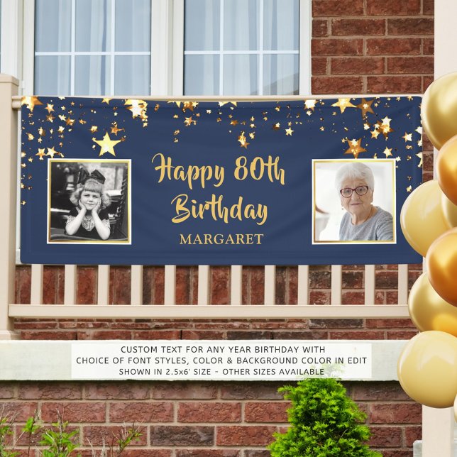 80. Geburtstag Foto Blue Gold Stars Personalisiert Banner (Von Creator hochgeladen)