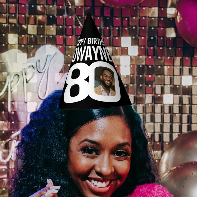 80. Geburtstag Foto personalisiert weiß schwarz Partyhütchen (Von Creator hochgeladen)
