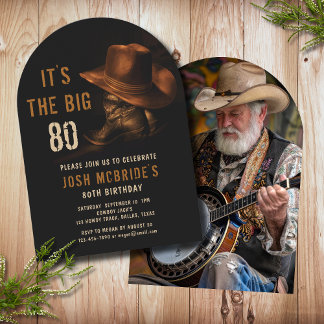 80. Geburtstag Foto Rustic Cowboy Hat Boots Einladung