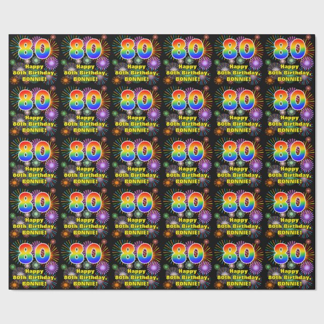 80. Geburtstag: Fun Fireworks, Rainbow Look # "80" Geschenkpapier (Saum)