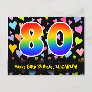 80. Geburtstag: Fun Hearts Muster, Regenbogen 80 Postkarte