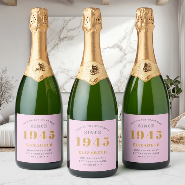 80. Geburtstag Geboren 1945 Name Rosa Grau hinzufü (Custom 80th birthday pink sparkling wine labels on 3 wine bottles)