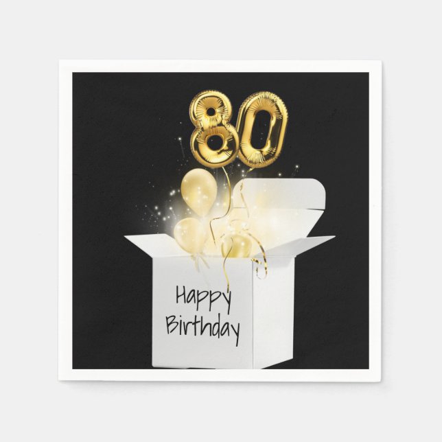 80. Geburtstag Gold Ballons in weißer Box Serviette (Vorderseite)