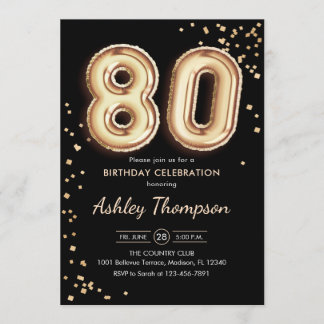 80. Geburtstag - Gold Balloons Black Einladung