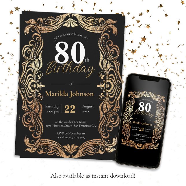 80. Geburtstag Gold Black Glamour Boho Elegant Einladung (80th Birthday Gold Black Glamorous Boho Elegant Invitation)