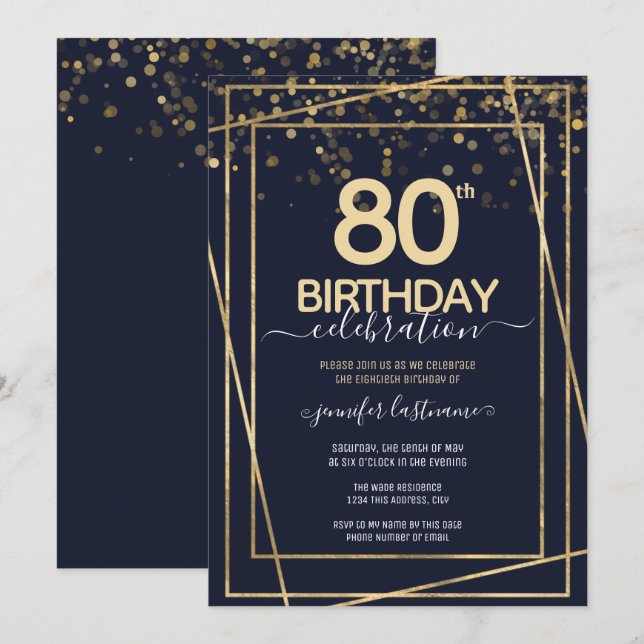 80. Geburtstag Gold und Blau Einladung (Vorne/Hinten)