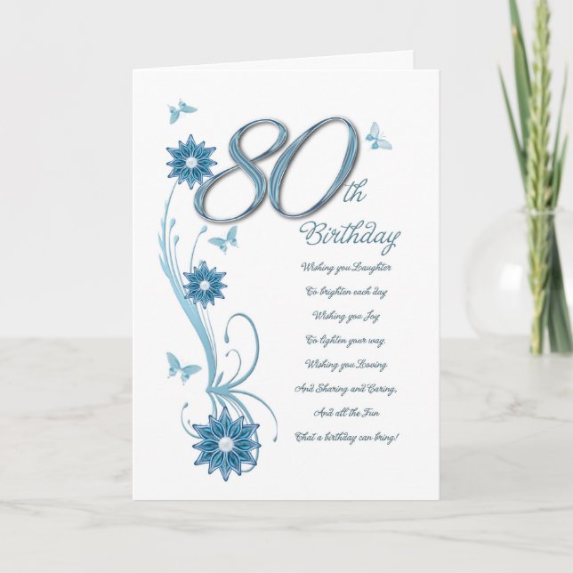 80. Geburtstag in aquamarinem mit Blumen und Karte (Vorderseite)