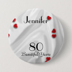 80. Geburtstag, kleine rote Herzen, Name Elegant Button