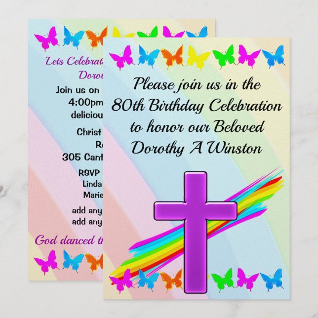 80. GEBURTSTAG LILA KREUZERINVITATION EINLADUNG (Vorne/Hinten)